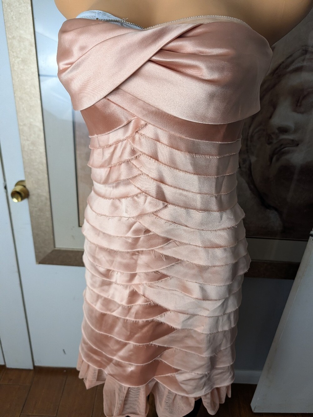 BCBGMaxAzria Blush Pink Strapless Tiered Satin Dress Size 8